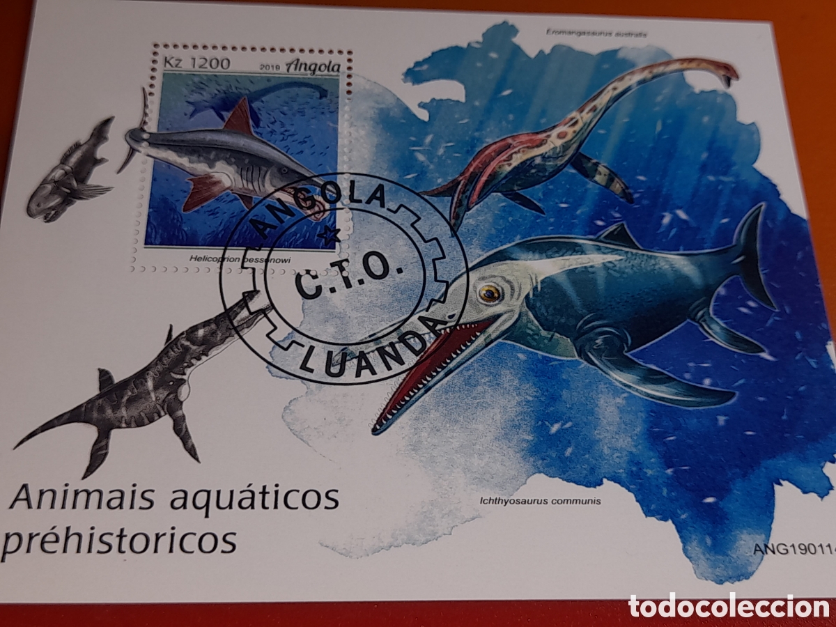 Sellos: HB Angola mtdo 2019. Animales salvajes. Prehistoricos. Dinosaurios acuaticos. Pescados. Fauna.