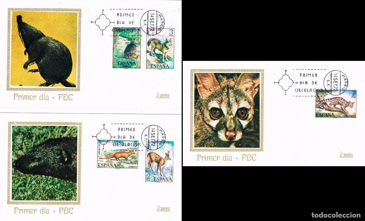 Sellos: EDIFIL 2102/6, FAUNA HISPANICA, PRIMER D&Iacute;A DE 14-9-1972 EN 3 SOBRES DE MUNDO FILATELICO