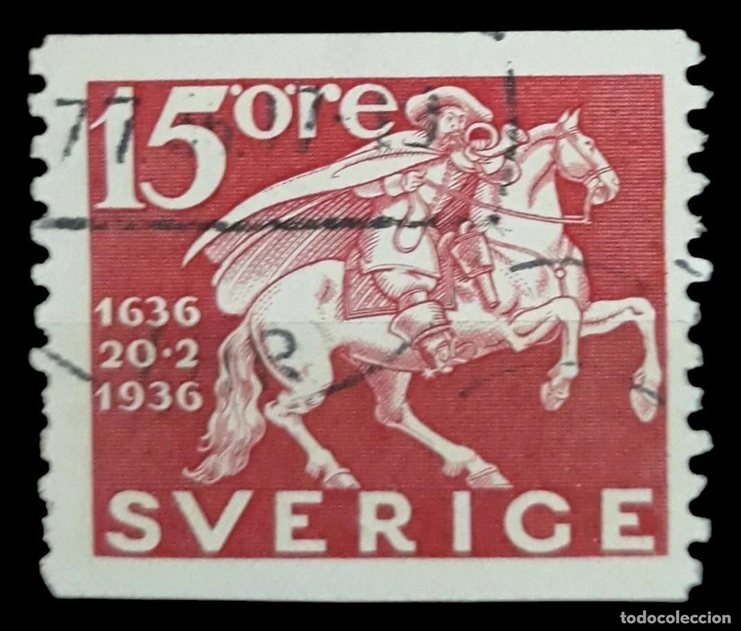 Sellos: SUECIA 1936 Caballos - III Centenario del correo sueco. USADO.