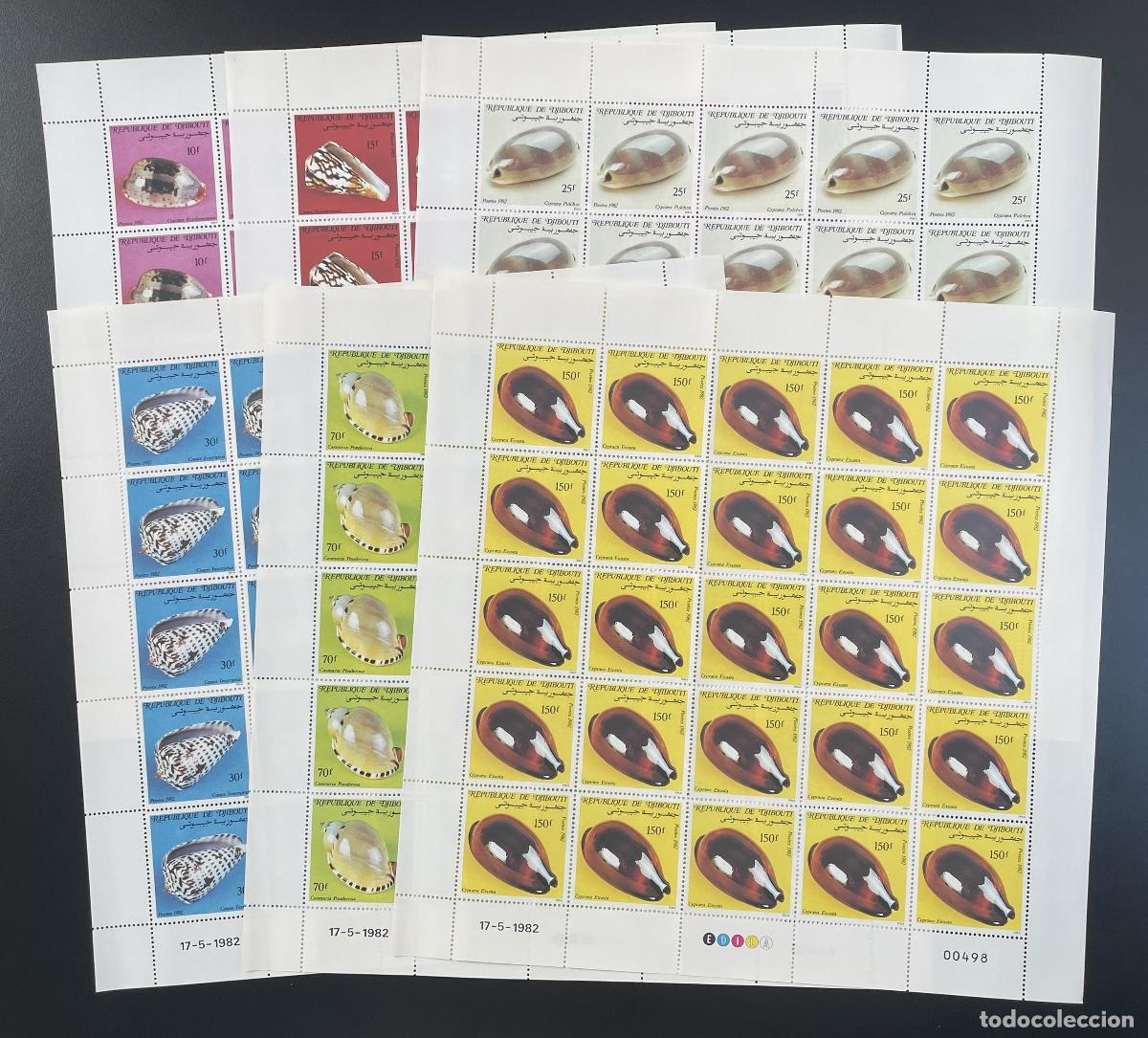 Sellos: Djibouti 1982 YT 557-562 tabl&oacute;n conchas Cypraea Conus fauna marina