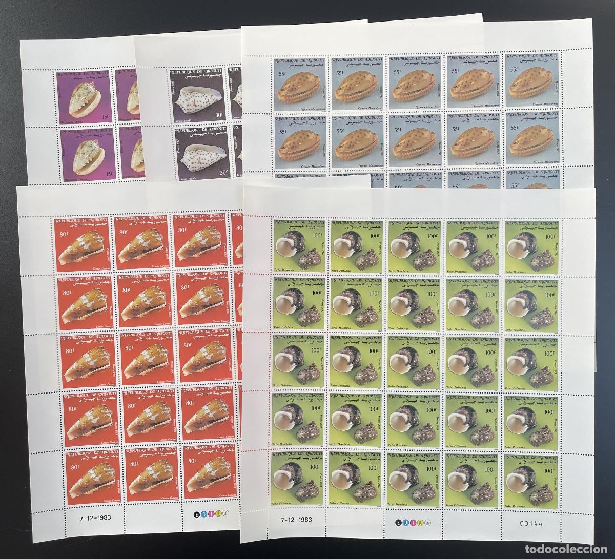 Sellos: Yibuti 1983 YT 569-573 tabl&oacute;n caracoles Conus Cypraea Turbo fauna