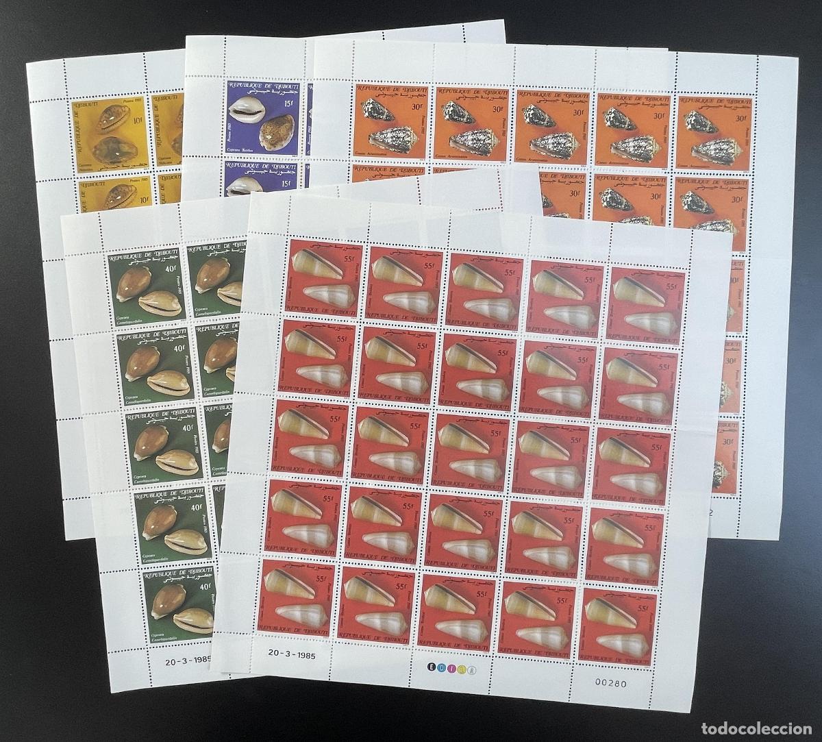 Sellos: Yibuti 1985 YT 609-613 hoja conchas Cypraea Conus fauna marina