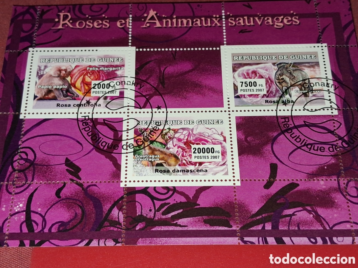 Sellos: HB R. Guinea mtdo 2007. Animales salvajes. Fauna. Rosas. Flora. Naturaleza. Cebra. Simio. Ciervo