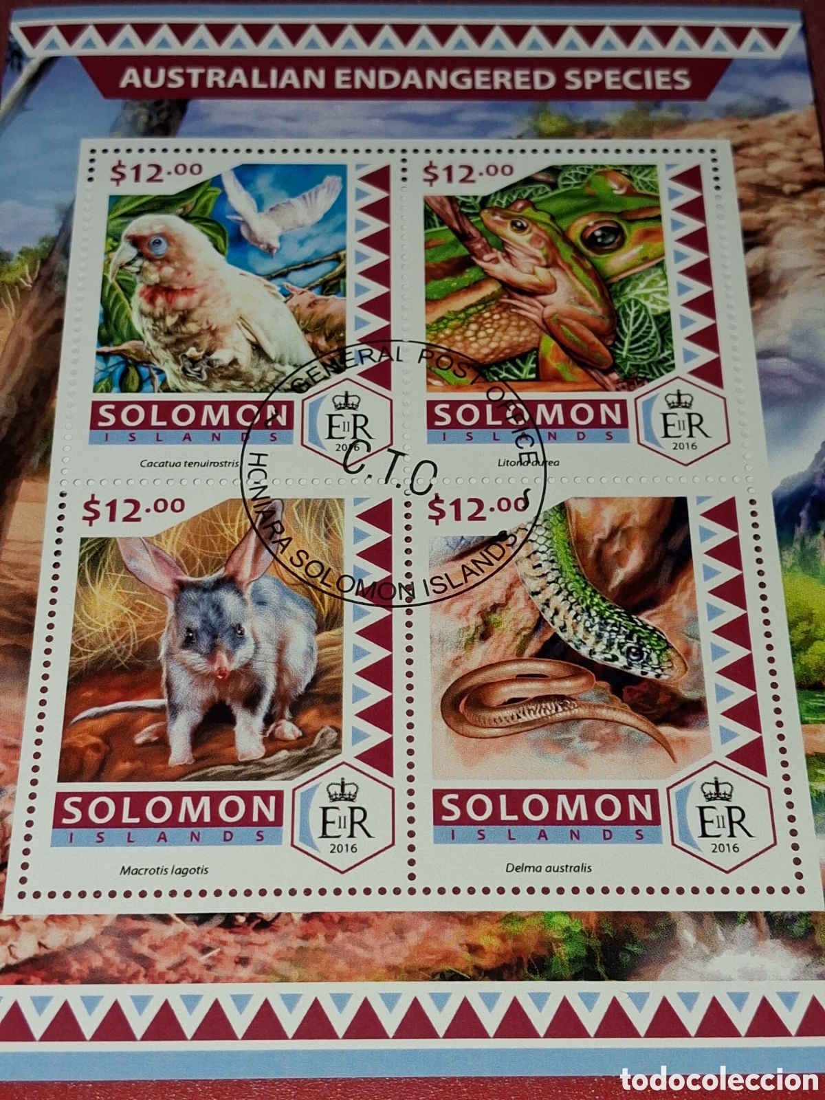 Sellos: HB Salom&oacute;n mtdo 2016. Animales Australia peligro extinci&oacute;n. Rana. Aves. Cacatua. Serpiente. Rumiante