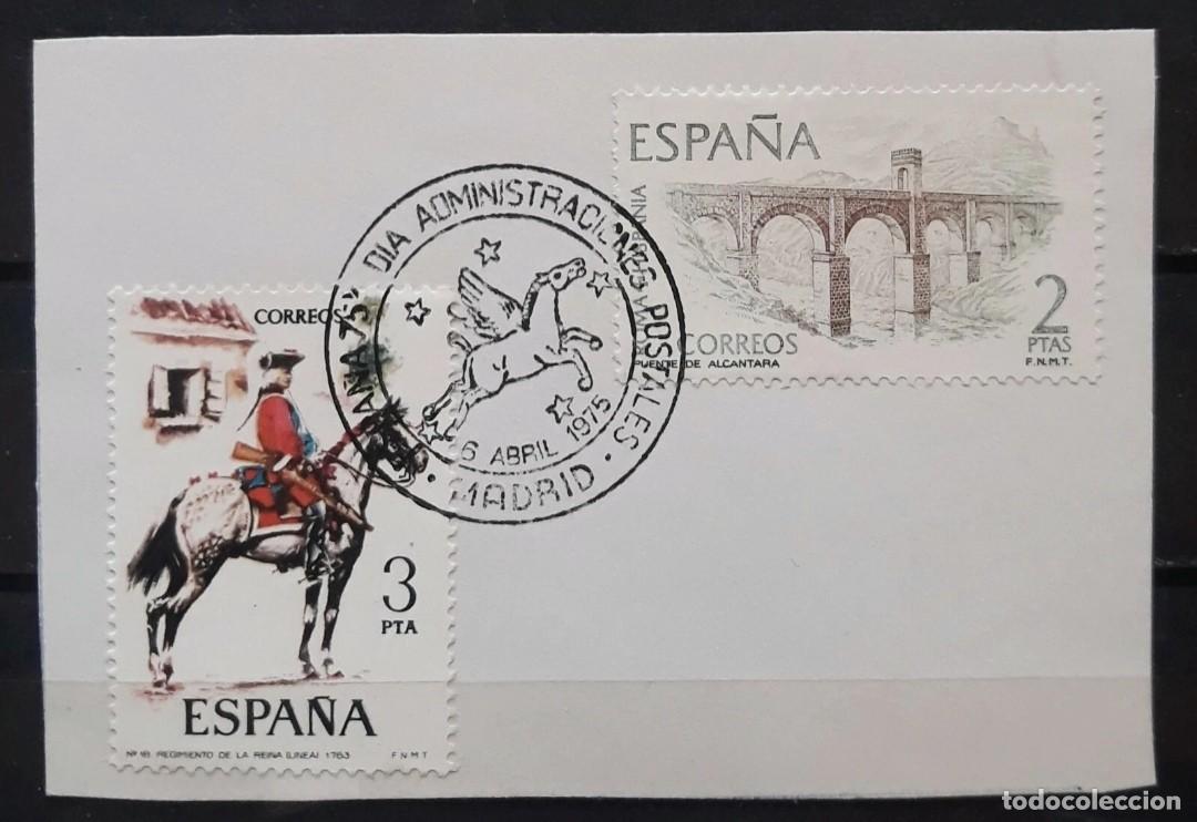 Selos: ESPA&Ntilde;A 1975 Caballos - Fragmento con Matasellos D&iacute;a Administraci&oacute;n es Postales