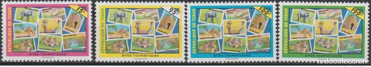 Sellos: Chad 1993 Mi. 1243 - 1246 Sitios tur&iacute;sticos Vida silvestre Elefante camello P&aacute;jaros