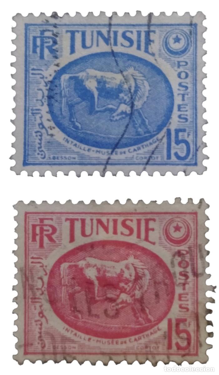 Sellos: T&Uacute;NEZ 1950 Caballos. Pieza del museo de Cartago. USADO..