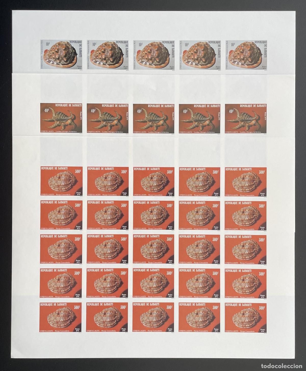 Sellos: Yibuti 1979 YT 512-514 ND tabl&oacute;n conchas Lambis Harpa conoidalis