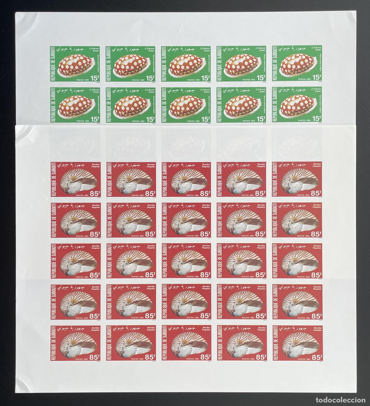 Sellos: Yibuti 1980 YT 521-522 ND tabl&oacute;n caracolas n&aacute;utilo conchas