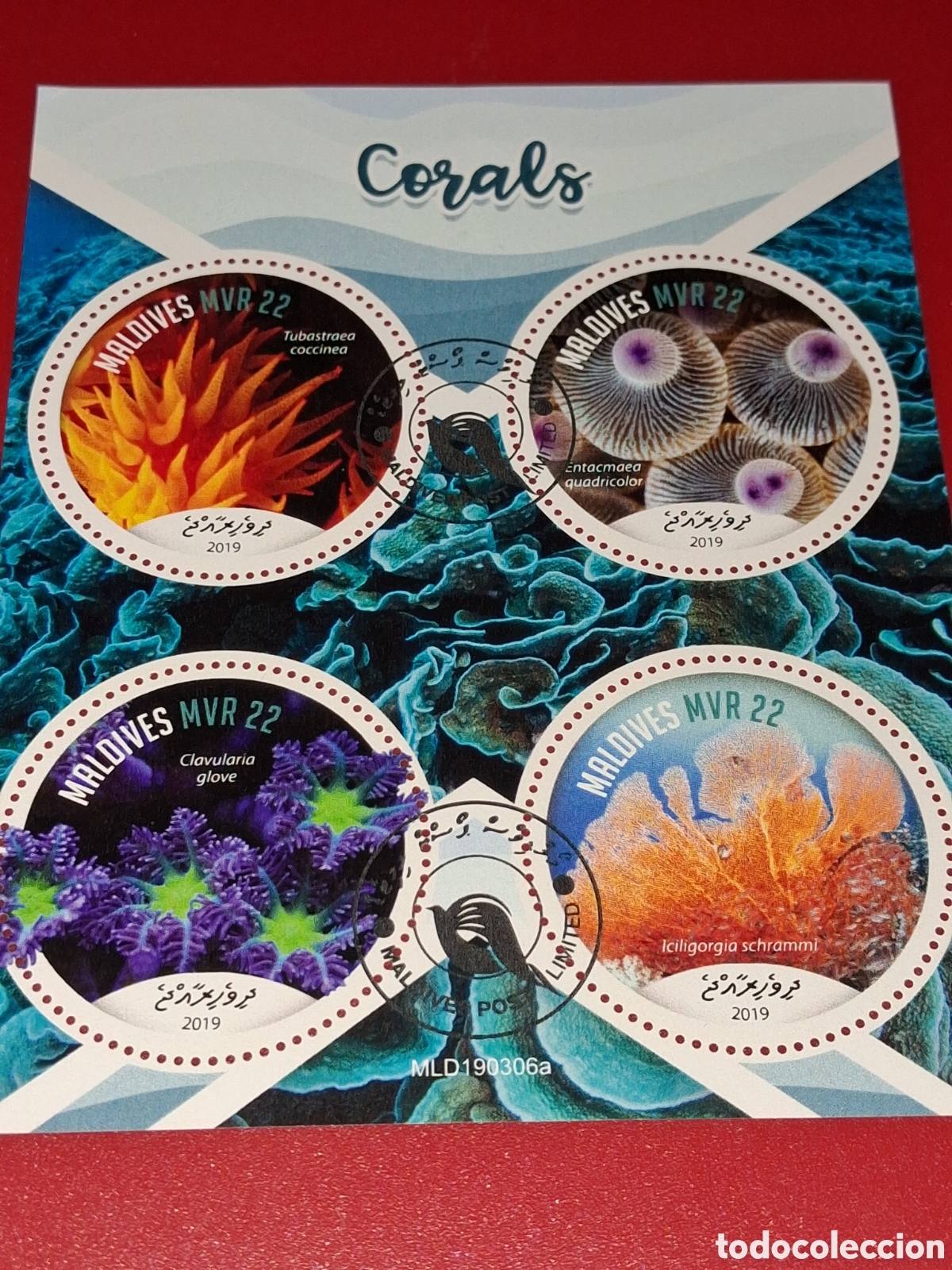 Sellos: HB Maldivas mtdo 2019. Corales. Arrecife. Fauna, vida marina. Pescado. Peces. Naturaleza.