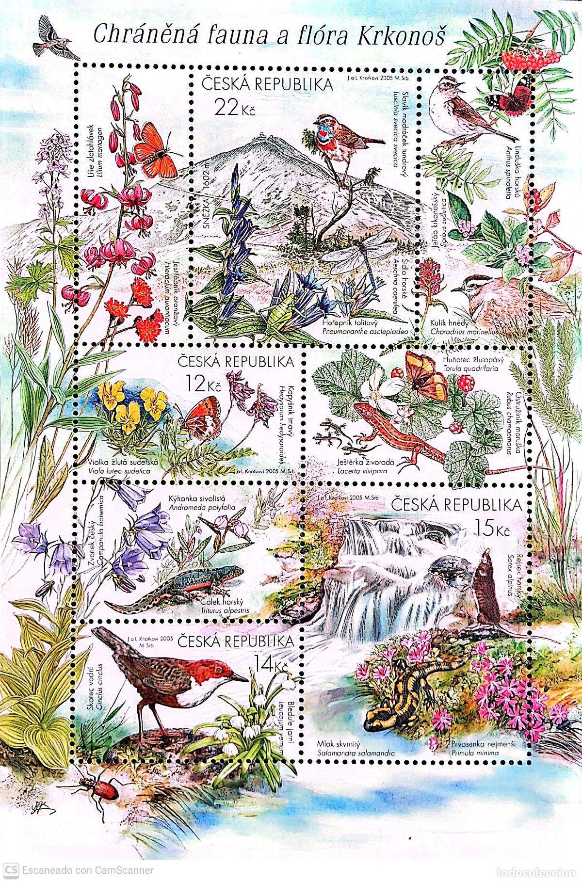 Sellos: Rep. Checa. HB 21 Fauna y flora del monte Krkonose: Pensamientos y mariposas, p&aacute;jaro y flores nivale