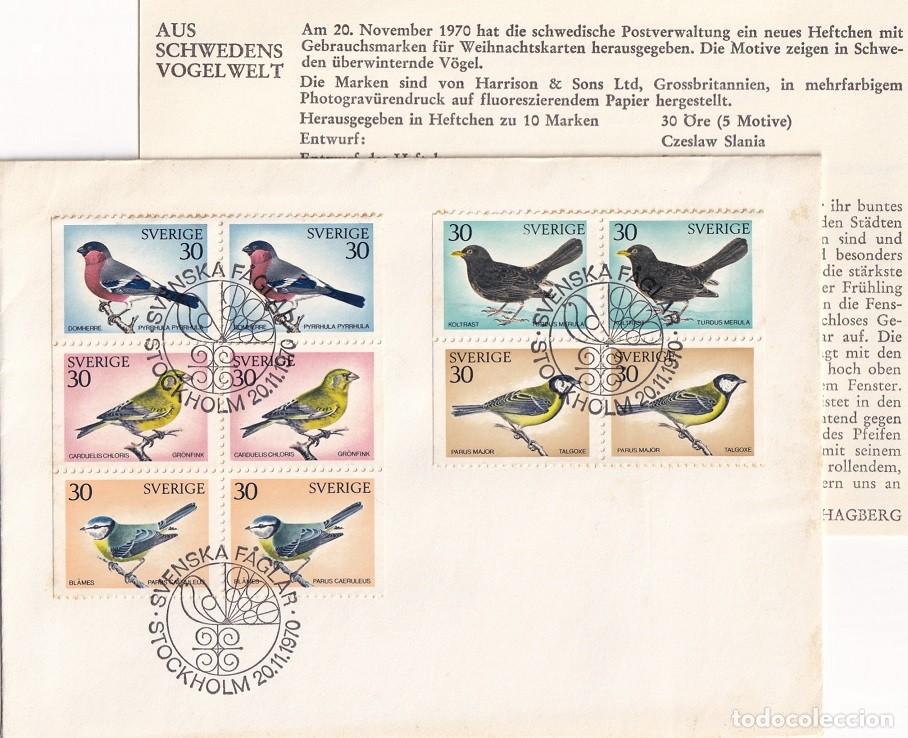 Sellos: Sobre + D&iacute;ptico Suecia 1970 - Aves - P&aacute;jaros de Suecia - Mirlo - Carbonero - Camachuelo - Verder&oacute;n..