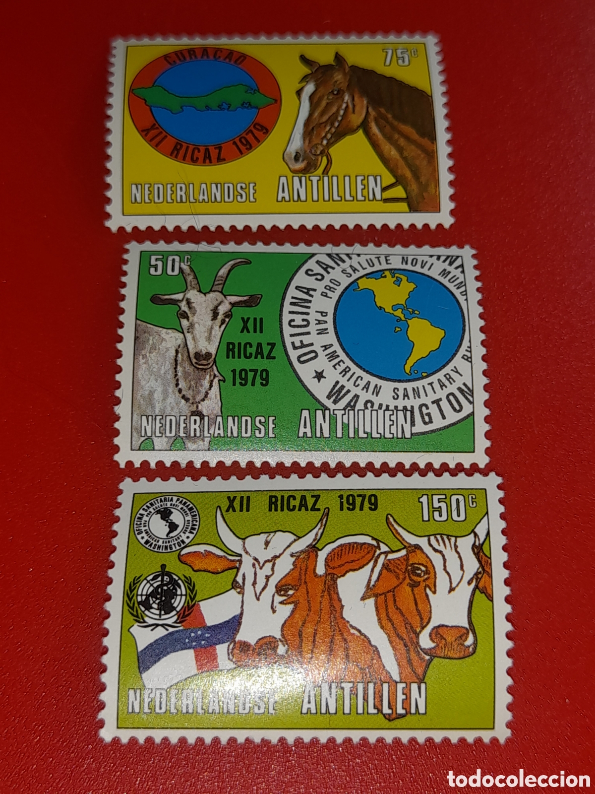 Sellos: Sello Antillas Holandesas nuevo 1979. 12 conferencia fiebre aftosa. Caballo. Mam&iacute;fero. Vaca. Fauna B