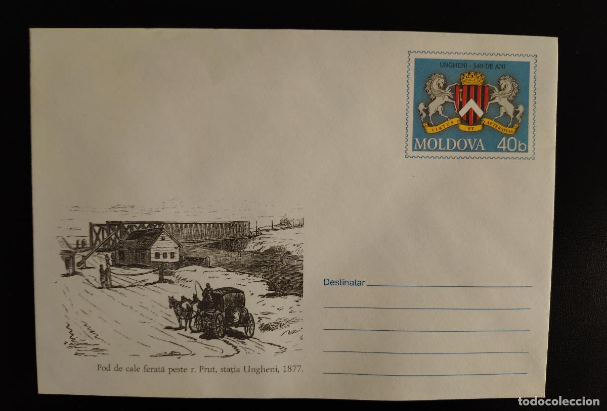 Sellos: Moldavia sobre postal Ungheni 540 a&ntilde;os escudo puente ferrocarril