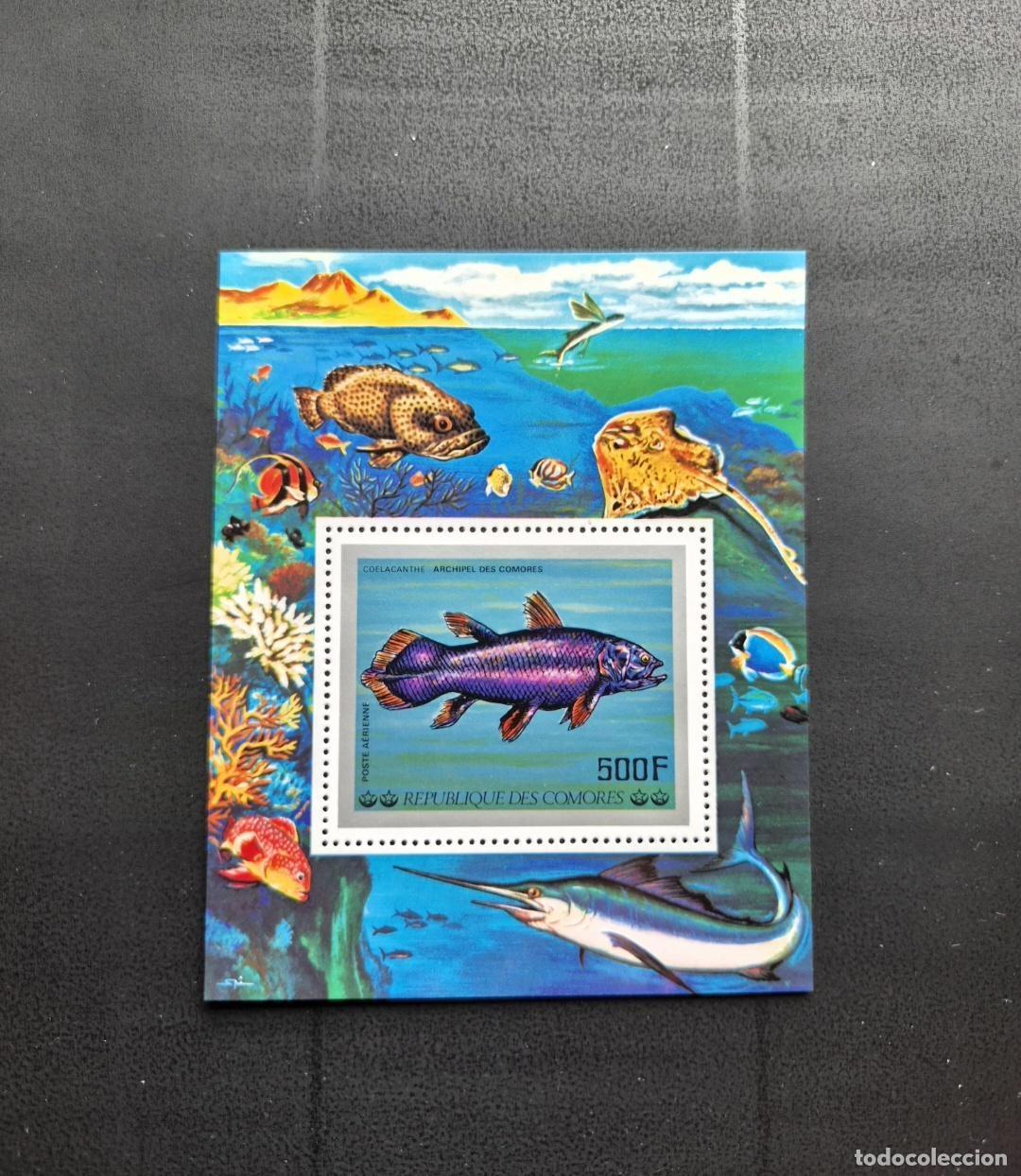 Stamps: Comoras 1977 Mi. Bl. 106 Celacanto pez fauna marina coral raya