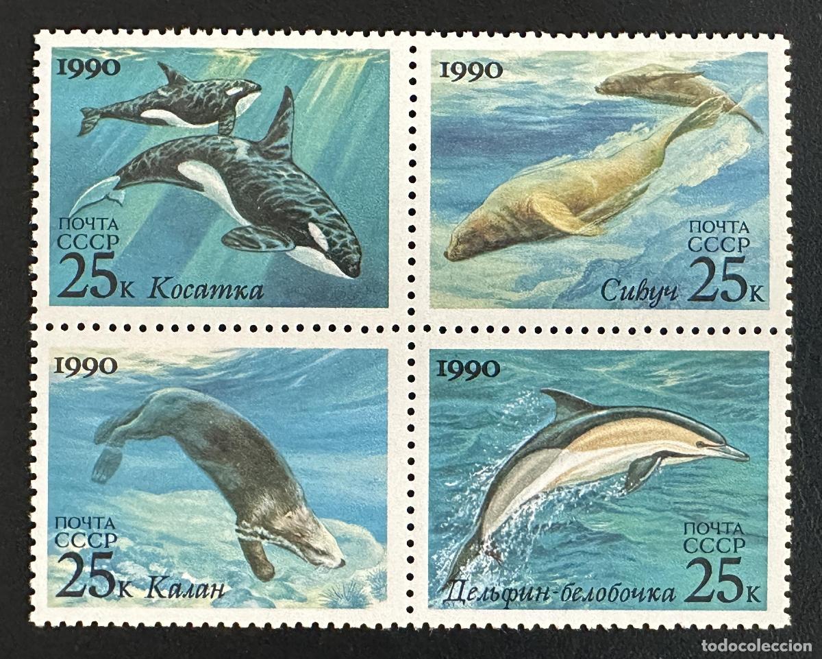Sellos: URSS 1990 Mi. 6130-6133 emisi&oacute;n conjunta fauna marina orca delf&iacute;n