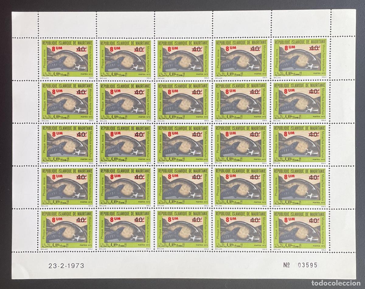 Sellos: Mauritania 1974 YT 315 tabl&oacute;n sobrecargado foca monje Monachus fauna marina