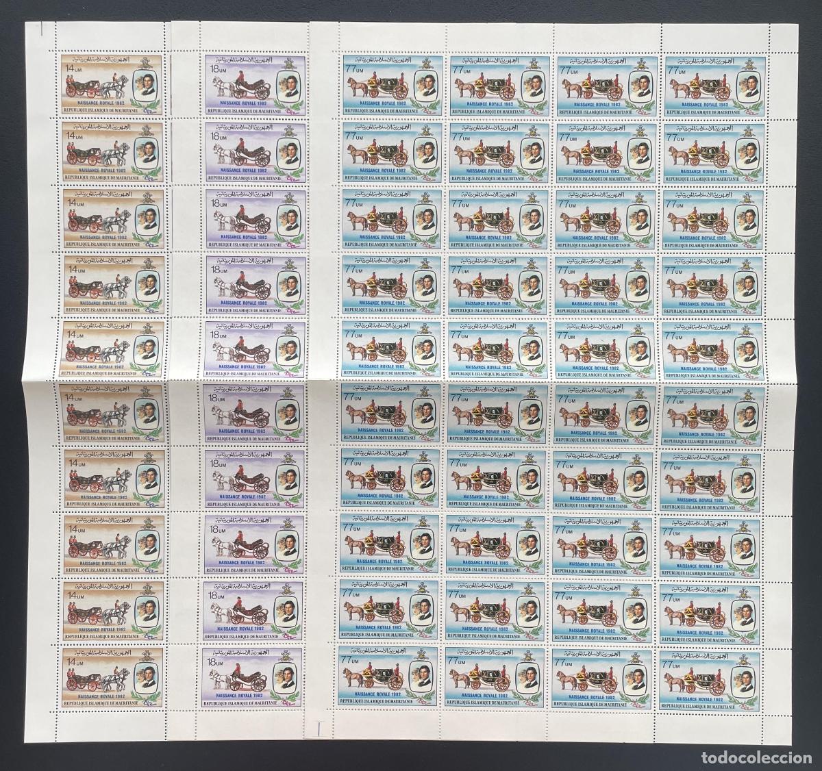 Sellos: Mauritania 1983 YT 511-513 tabl&oacute;n sobrecargado nacimiento real carruaje caballo