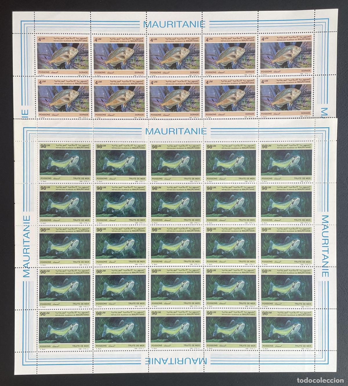 Sellos: Mauritania 1986 YT 592 593 bloque peces dorada trucha de mar