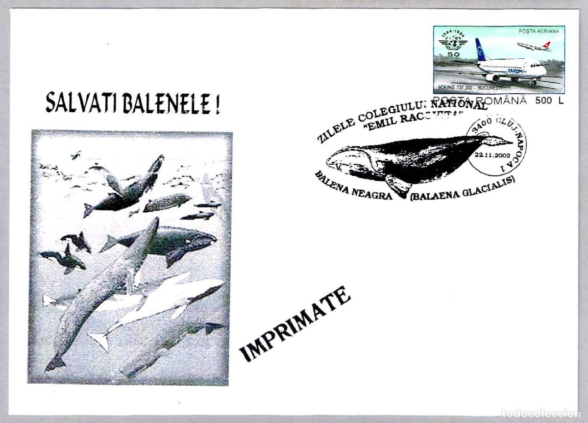 Sellos: Matasellos FAUNA - BALLENA FRANCA GLACIAL - BALAENA GLACIALIS. Cluj Napoca, Rumania, 2002