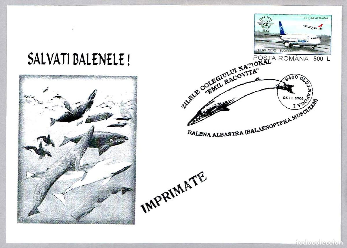 Sellos: Matasellos FAUNA - BALLENA AZUL - BALAENOPTERA MUSCULUS. Cluj Napoca, Rumania, 2002