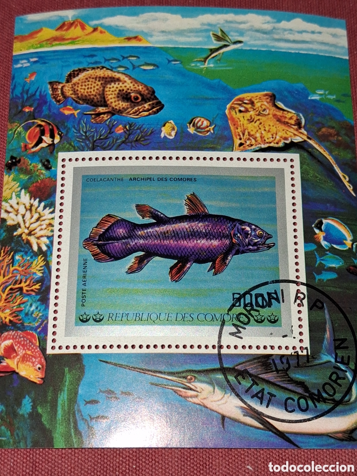 Sellos: HB Comoras mtdo 1977. Peces. Pescado. Fauna, vida marina. Arrecife. Celacanto. Manta. Cretacico. Din
