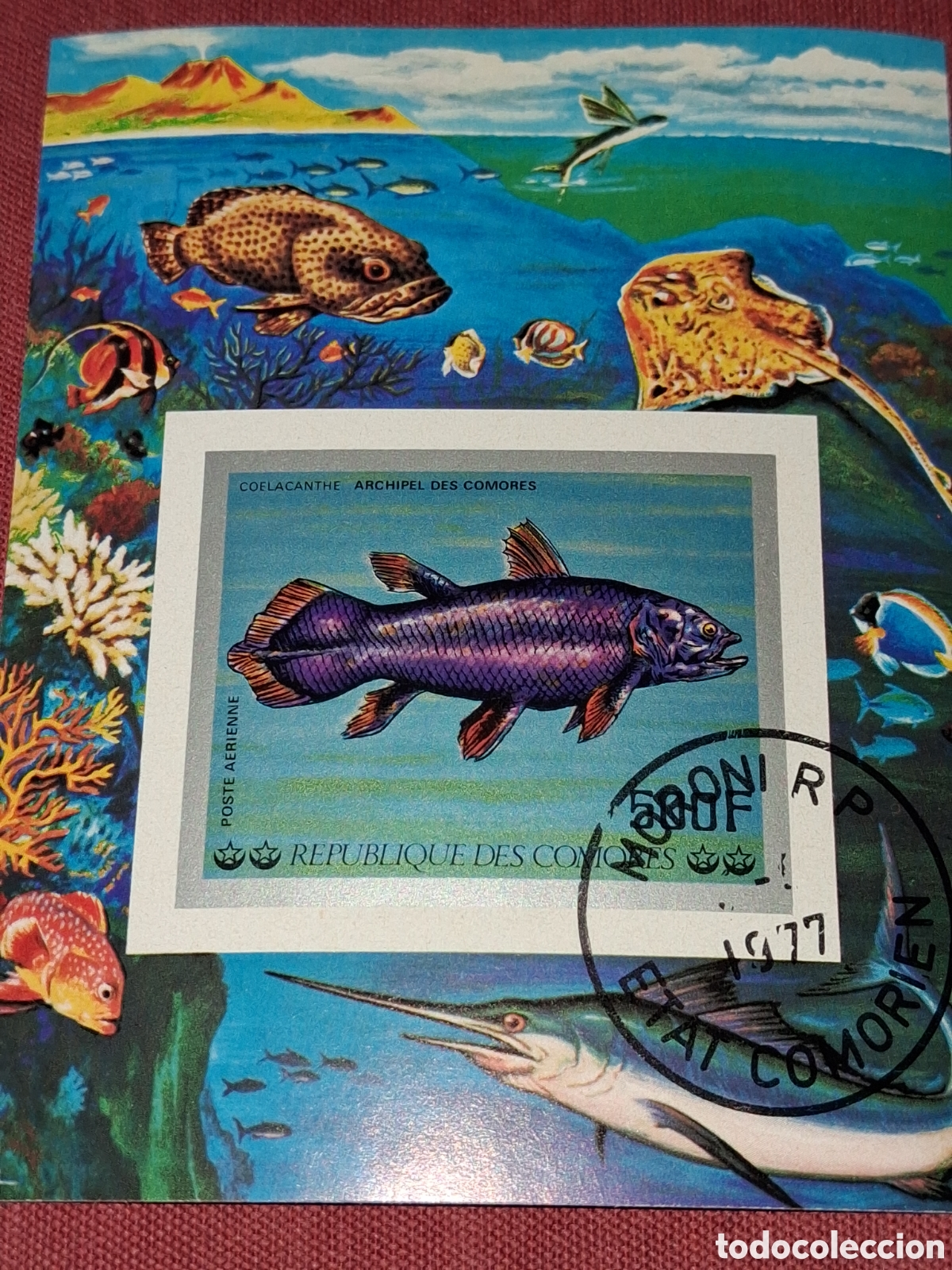 Sellos: HB Comoras mtdo/sd 1977. Peces. Pescado. Fauna, vida marina. Arrecife. Celacanto. Manta. Cretacico.