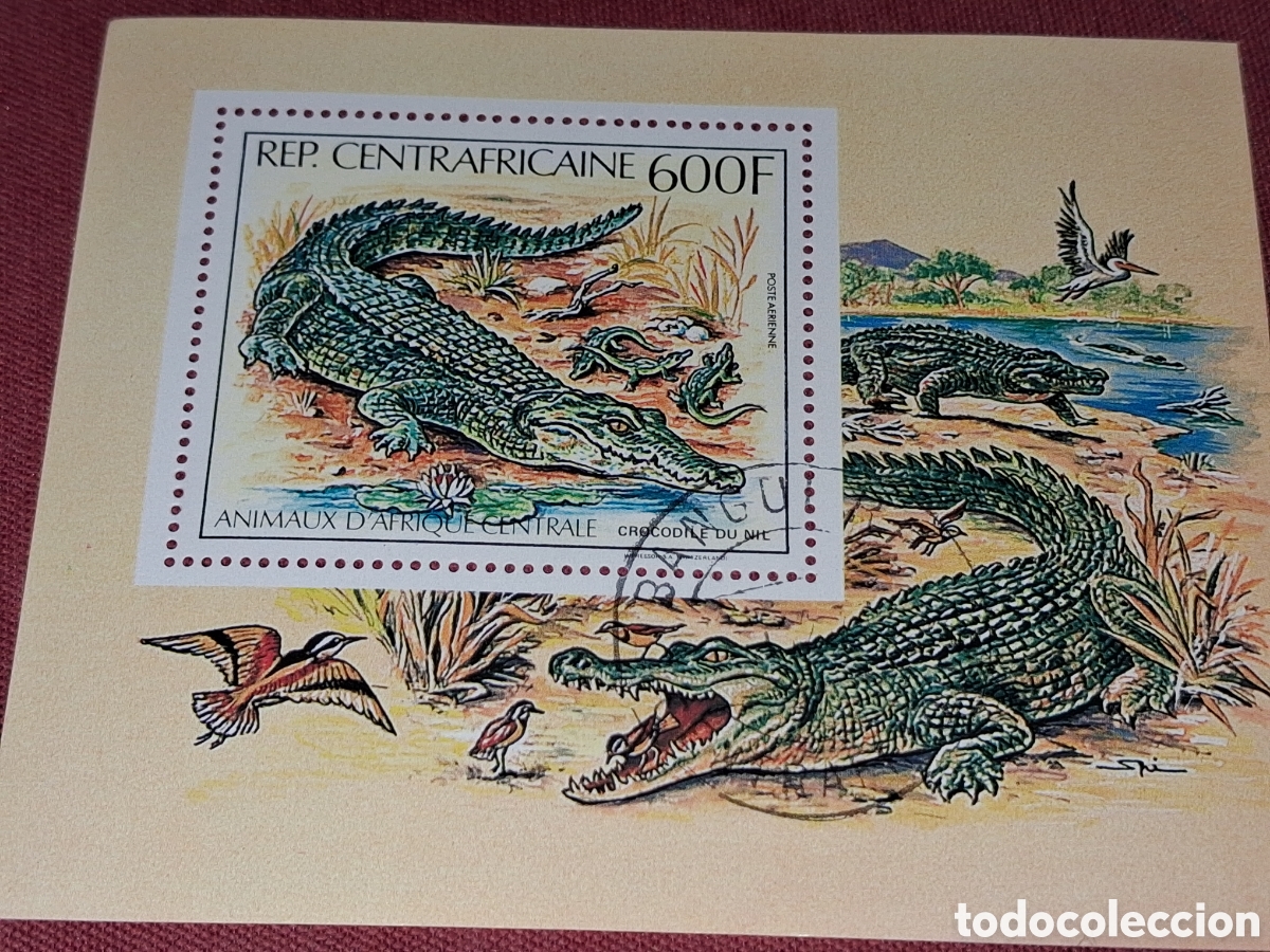 Sellos: HB Centroafricana mtdo 1982. Fauna. Cocodrilo. Caim&aacute;n. Reptiles. Redredador. Oviparo. Anfibio.