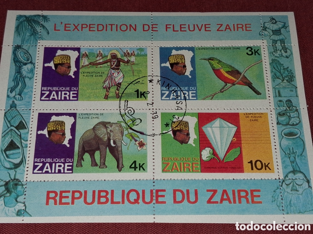 Sellos: HB Zaire (R.D. Congo) mtdo 1979. Descubrimiento r&iacute;o. Elefante. Aves. P&aacute;jaros. Diamante. Folclore. Da