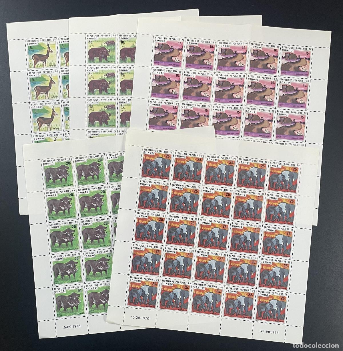 Sellos: Congo 1976 YT 417-421 tabl&oacute;n animal salvaje ant&iacute;lope b&uacute;falo elefante jabal&iacute;