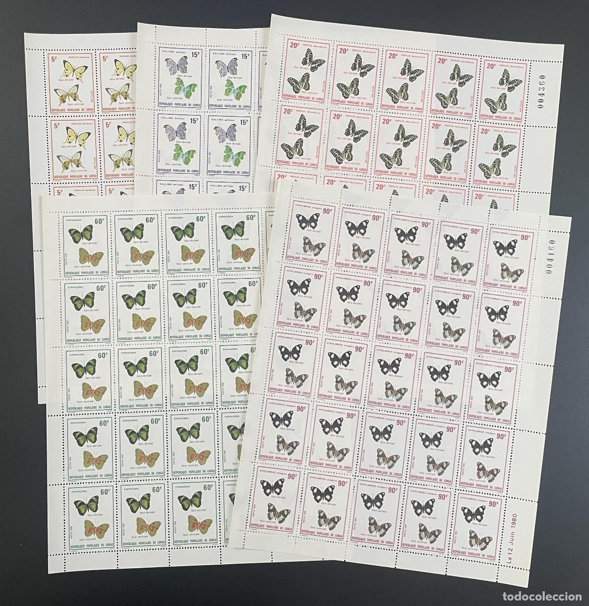 Sellos: Congo 1980 YT 566-570 tabl&oacute;n mariposas insectos fauna naturaleza