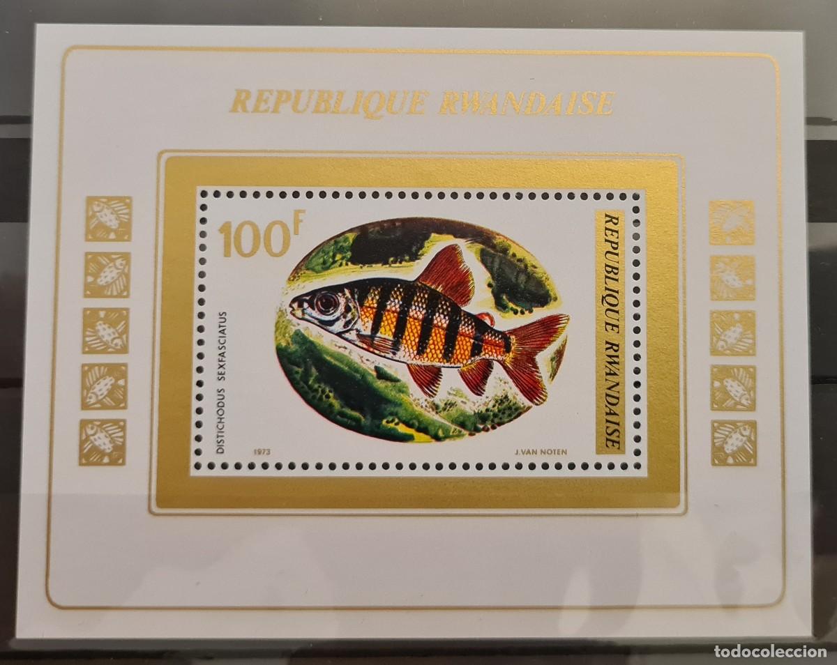 Sellos: Hojita mint de Ruanda 1973. Peces: Distichodus sexfasciatus