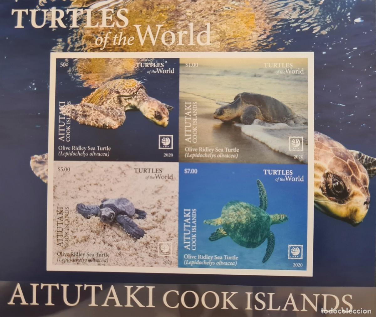 Sellos: Bloque con sellos no perforados de Aitutaki 2020. Fauna marina: tortugas del mundo (I)