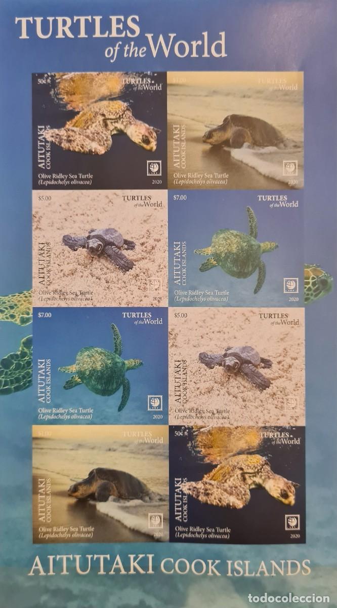 Sellos: Hoja con sellos 2x no perforados de Aitutaki 2020. Fauna marina: tortugas del mundo (I)