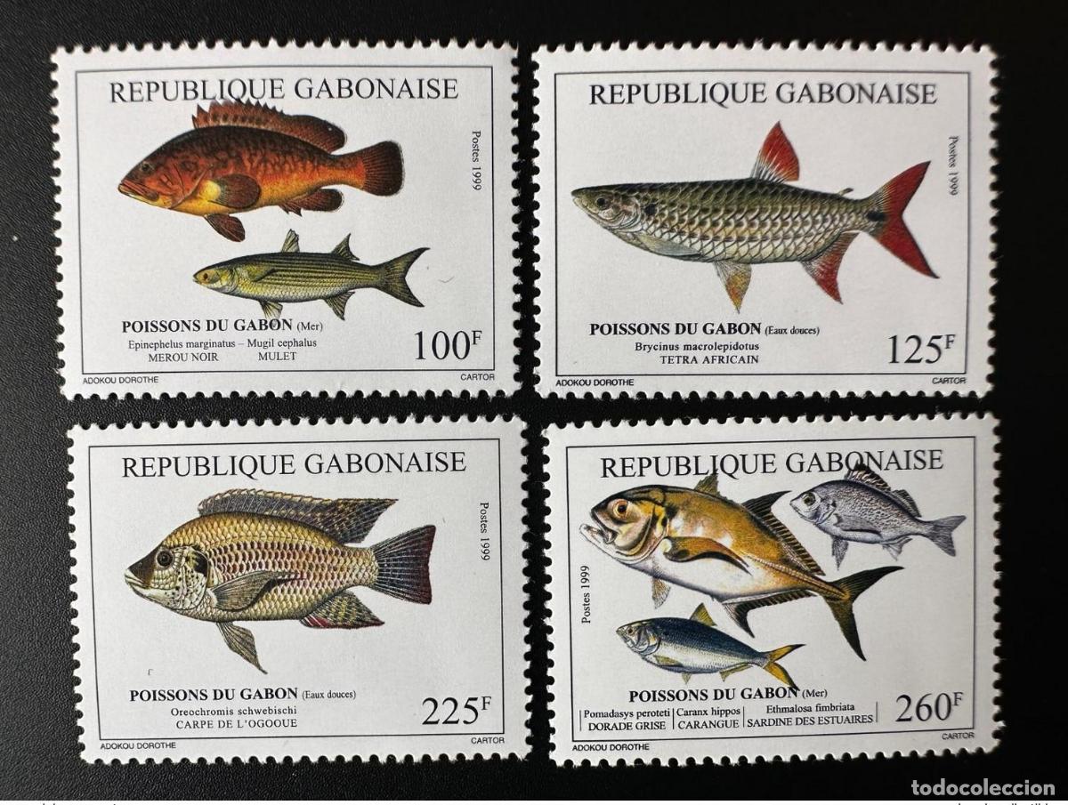 Sellos: Gab&oacute;n 1999 Mi. 1480-1483 Peces fauna &iexcl;RARA!