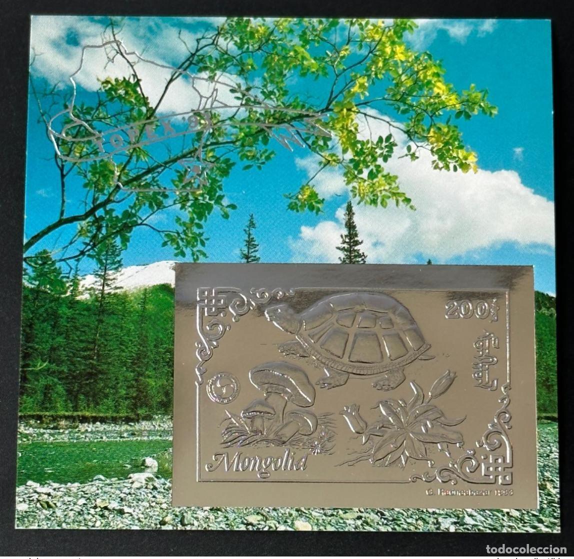 Sellos: Mongolia 1993 Mi. Bl. 228 plata TOPEX '93 flor de seta y tortuga
