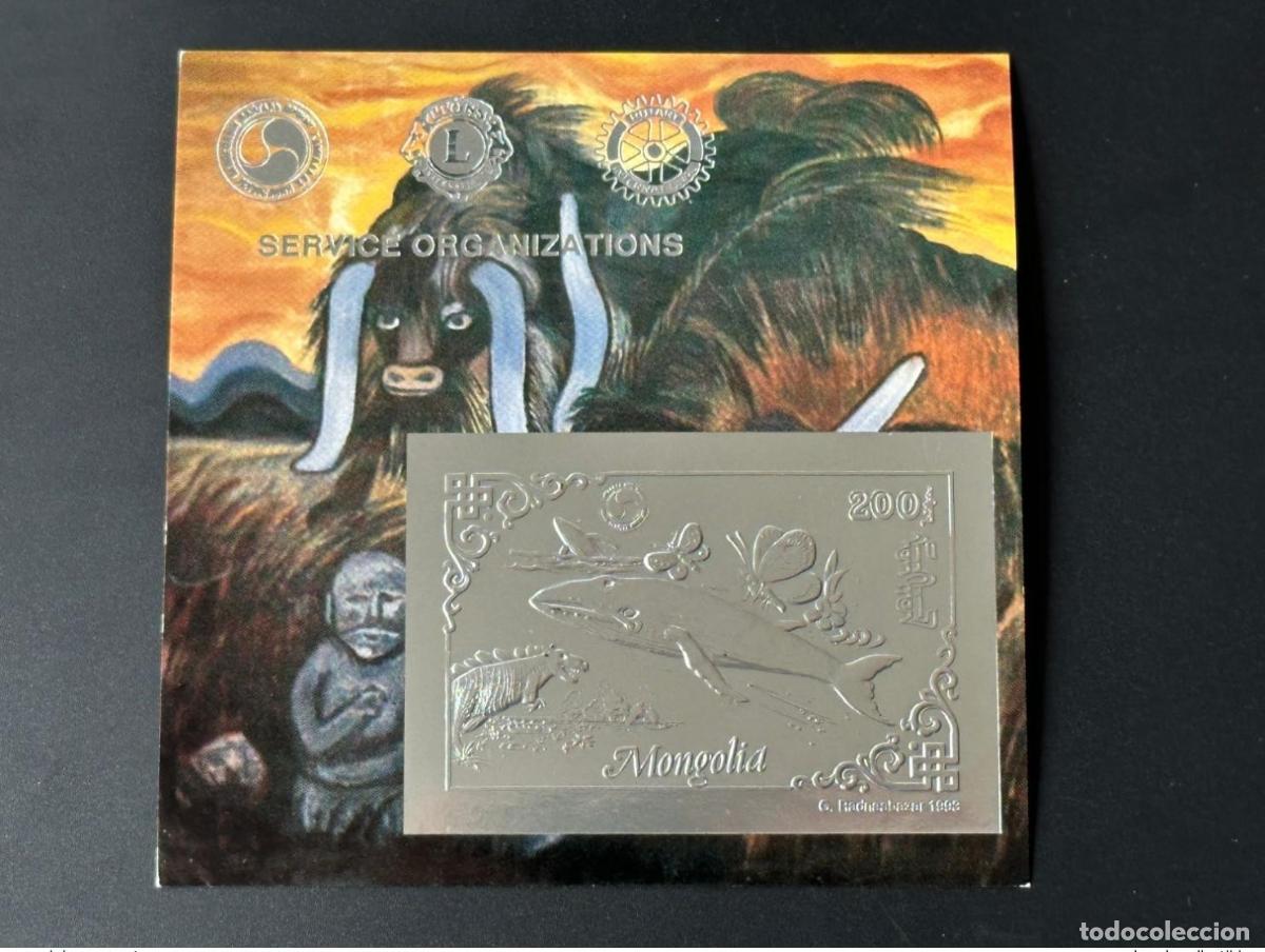 Sellos: Mongolia 1993 Mi. Bl. 223 Silver Rotary Lions Dinosaurio Ballena Mariposa