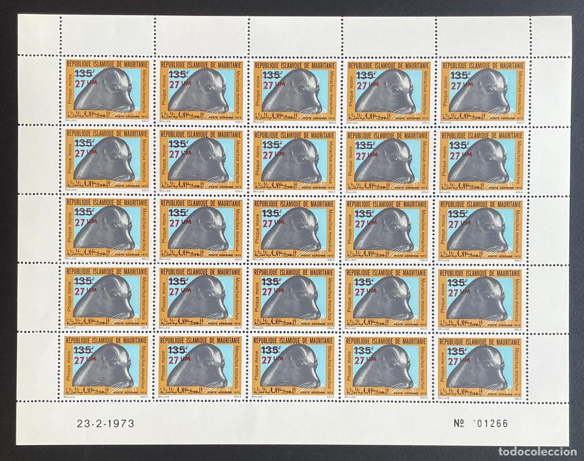 Sellos: Mauritania 1974 YT PA 148 tabl&oacute;n sobrecarga foca monje Monachus