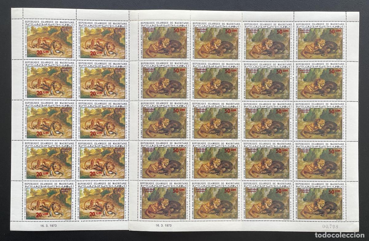 Sellos: Mauritania 1974 YT PA 153-154 tabl&oacute;n sobrecarga Delacroix pintura leones