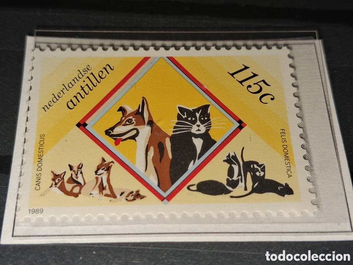 Sellos: Sello (1/2v) Antillas Holandesas nuevo 1989. Fauna. Animales dom&eacute;sticos Perros Gatos Mam&iacute;feros Ratas