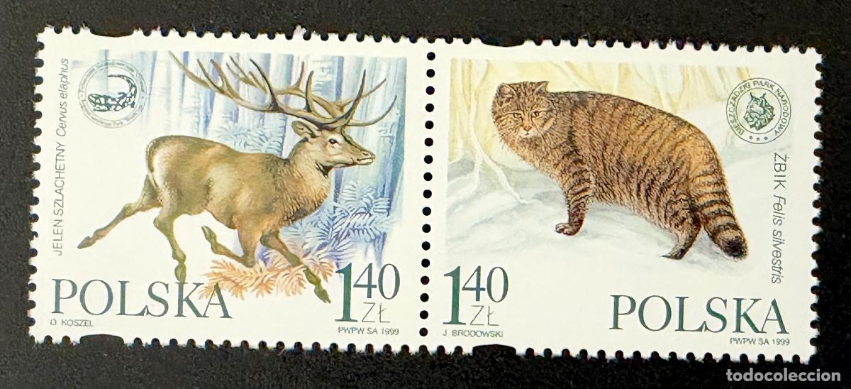 Sellos: Polonia 1999 Mi. 3787-3788 emisi&oacute;n conjunta ciervo gato salvaje fauna