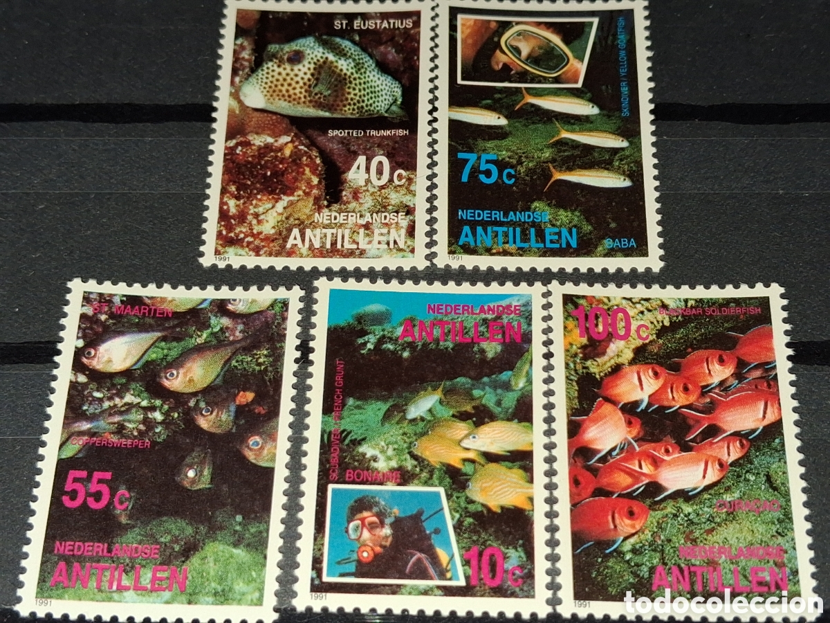 Sellos: Sello Antillas Holandesas nuevo 1991. Peces. Pescado. Fauna, vida marina. Arrecife. Globo. Coral