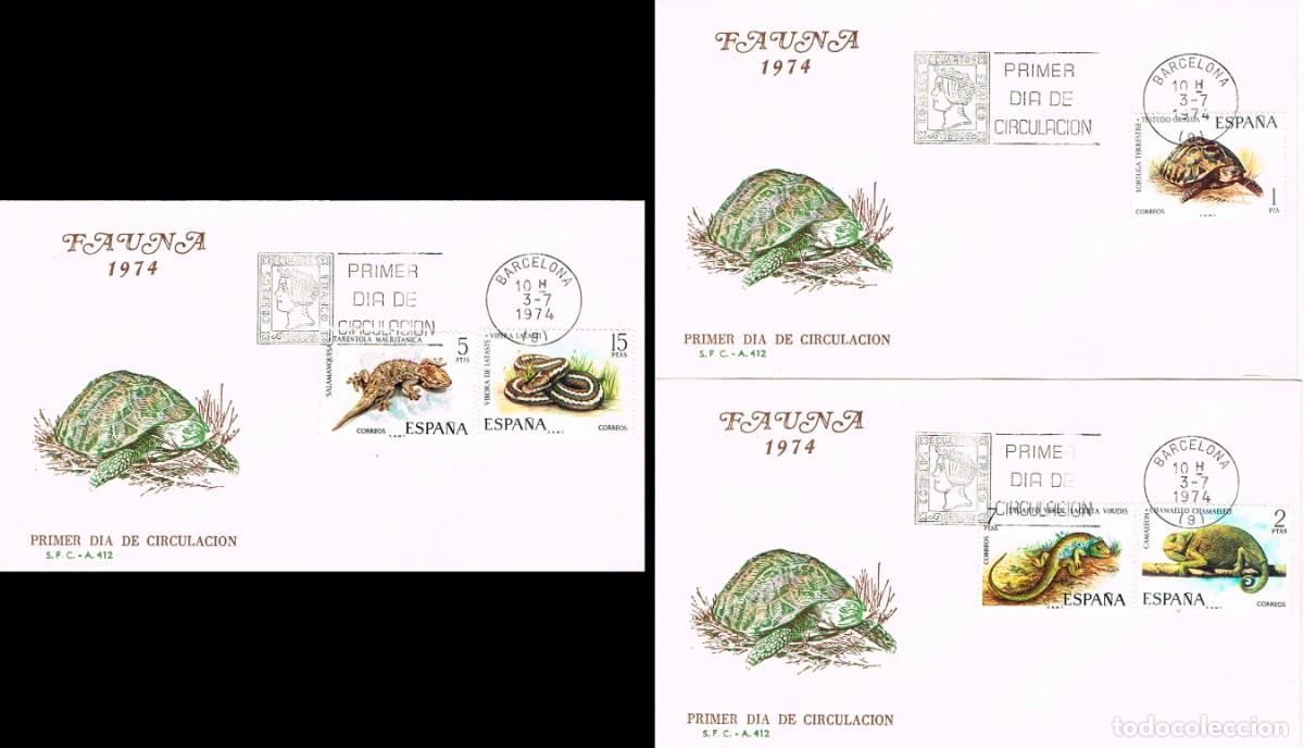 Sellos: EDIFIL 2192/6, FAUNA HISPANICA 1974, PRIMER DIA DE 3-7-1974, SFC EN TRES SOBRES