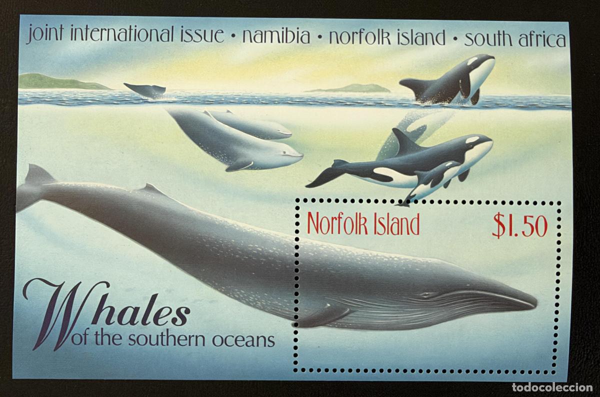 Sellos: Norfolk 1998 Mi. Bl. 27 emisi&oacute;n conjunta ballenas orcas oc&eacute;ano