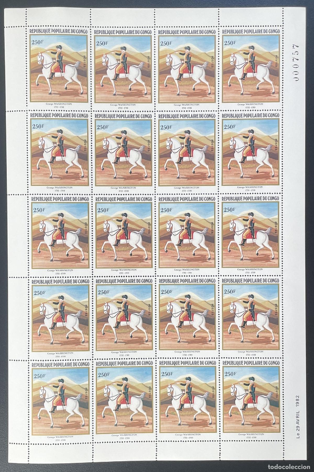 Sellos: Historia del uniforme militar de caballo George Washington YT 668 tabl&oacute;n Congo 1982
