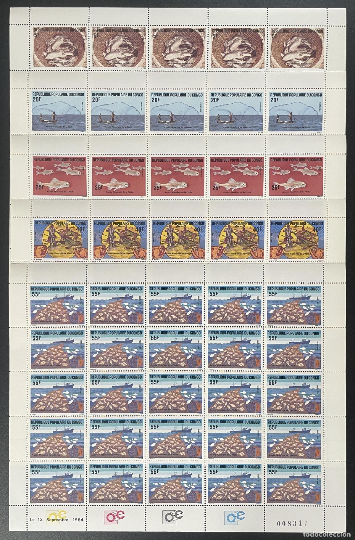 Sellos: Congo 1984 YT 738-742 tabl&oacute;n a&ntilde;o mundial pesca peces fauna marina