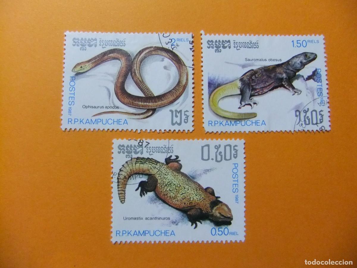 Sellos: L 172 KAMPUCHEA CAMBOYA 1987 / FAUNA REPTILES / YVERT 752 + 755 + 756 FU