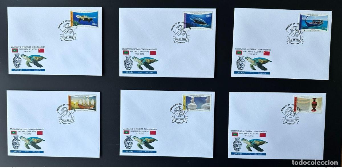 Sellos: Maldives 2012/2013 Mi. 4837 4842 FDC China barco de pesca tortuga pez 40 a&ntilde;os