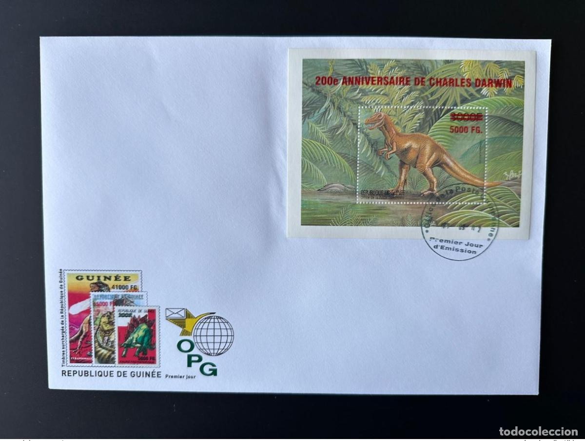 Sellos: Guinea 2009 Mi. Bl. 1729 FDC sobrecarg&oacute; los dinosaurios El cumplea&ntilde;os de Charles Darwin