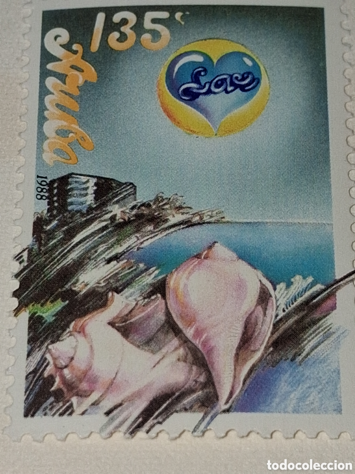 Sellos: Sello (1/2v) Aruba nuevo 1988. Saludos. Felicitaciones. Coraz&oacute;n. Vistas. Concha. Fauna marina. Molus